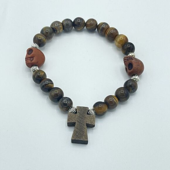Crystal beaded stretch bracelet ONE NEW yellow tiger eye cross skull reiki medit - Picture 5 of 9